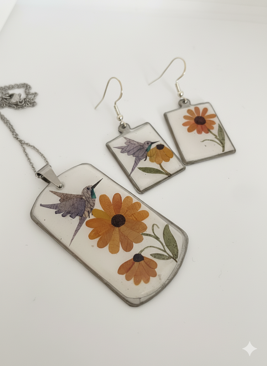Conjunto de Bisuteria con diseño en pétalos de flores (colibrí)