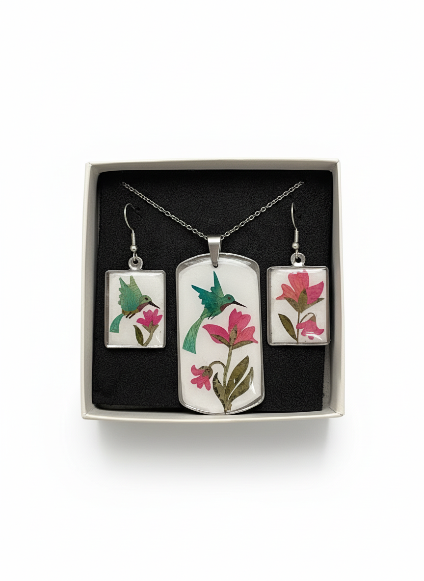 Conjunto de Bisuteria con diseño en pétalos de flores (colibrí verde)