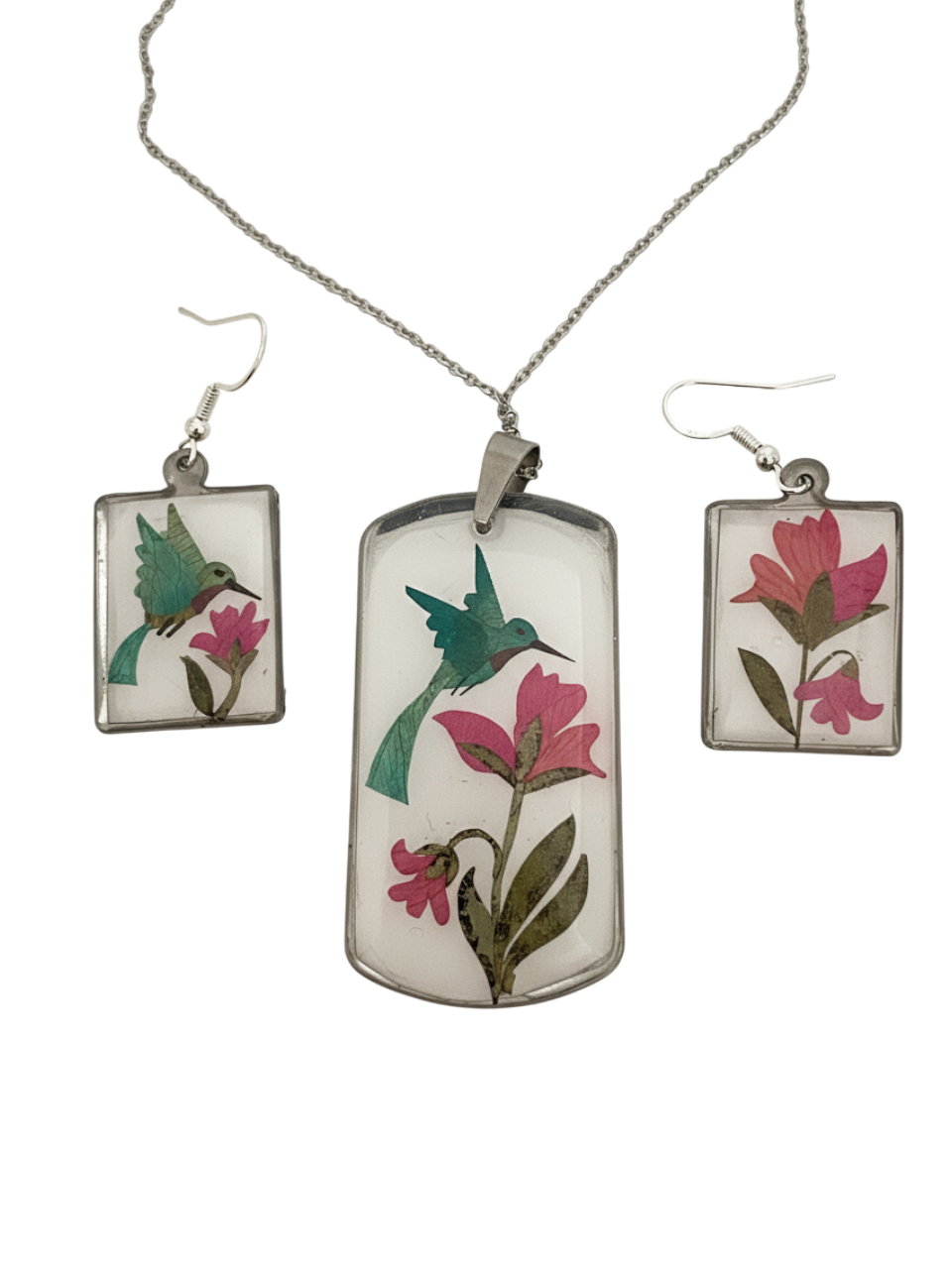 Conjunto de Bisuteria con diseño en pétalos de flores (colibrí verde)