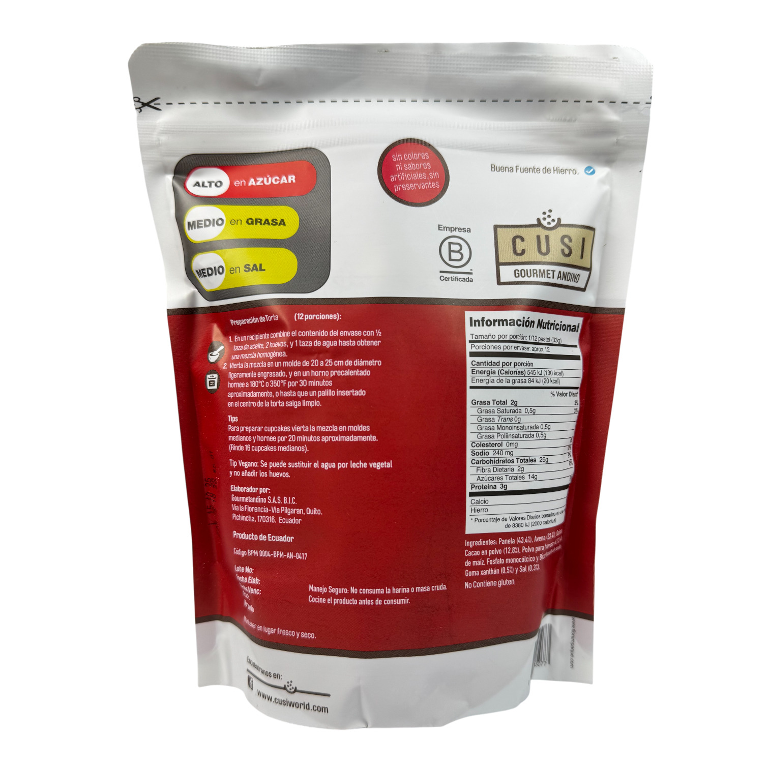 CUSI Gourmet Andino - Mezcla para torta de avena + quinua con chocolate